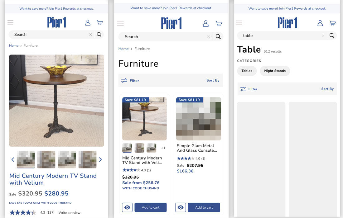 Custom UI/UX design for the Pier-1 Shopify site