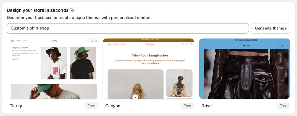 Shopify creates three themes for you